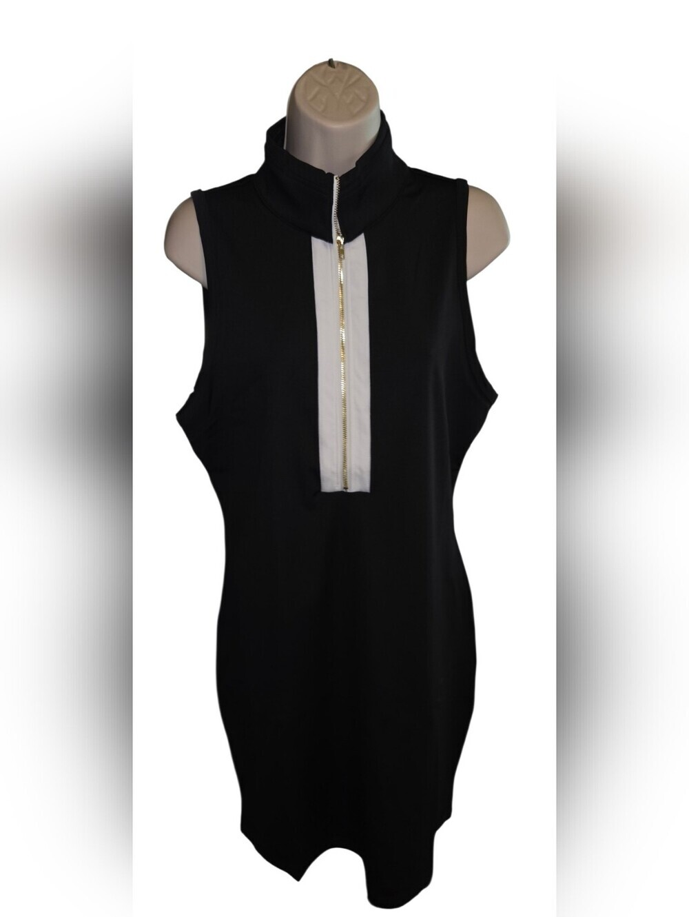 Sleeveless Black Midi Dress with White Front Panel and Gold Zip
